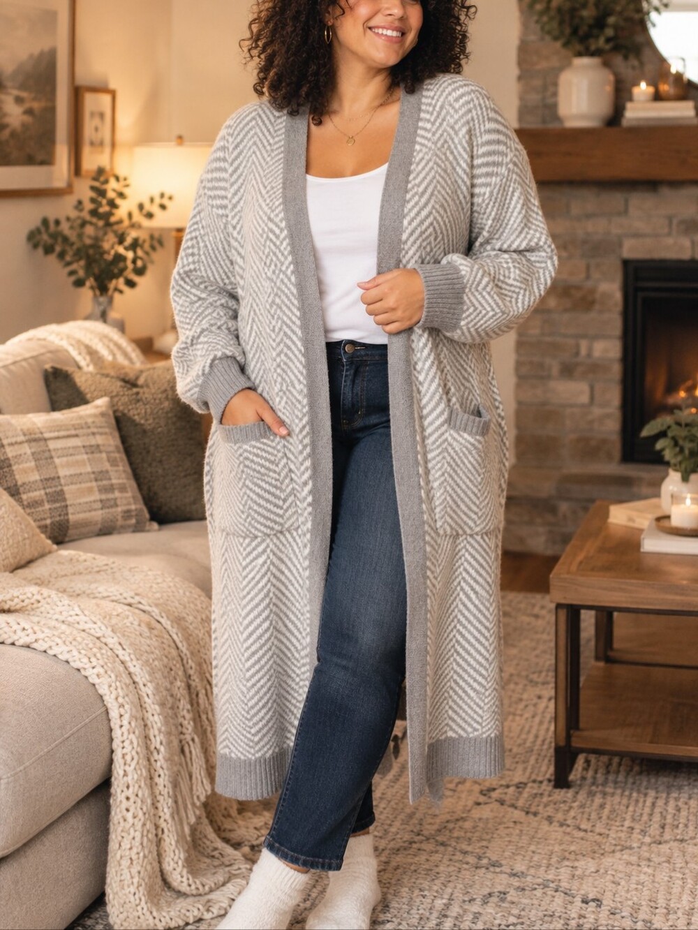 Torrid Light Gray Chevron Long Open Front Chunky Knit Duster Cardigan Size 5